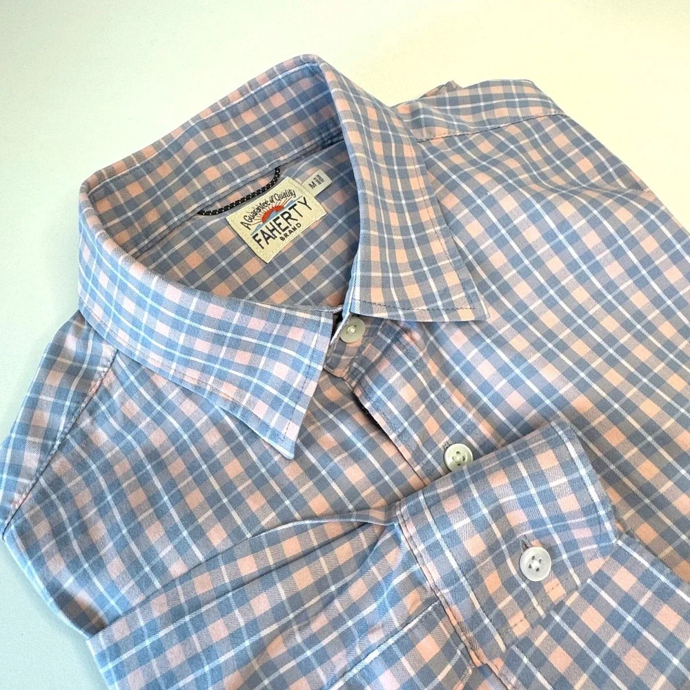 FAHERTY Mens Movement Long Sleeve Button Up Shirt MED Blue & Pink Plaid Casual